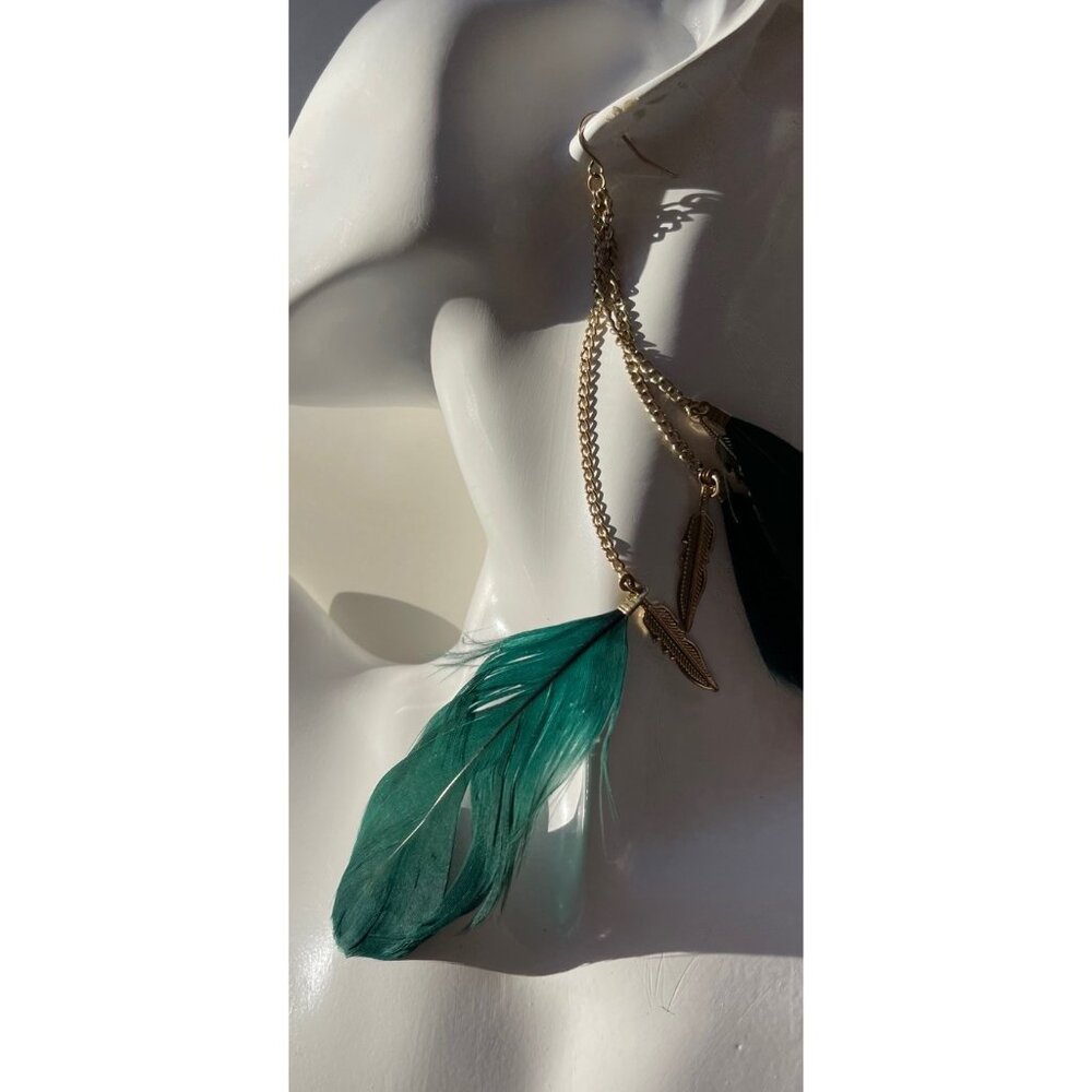 Vintage Dark Green Gold Dangling Real Feather Earrings Western Aztec Sz 7”